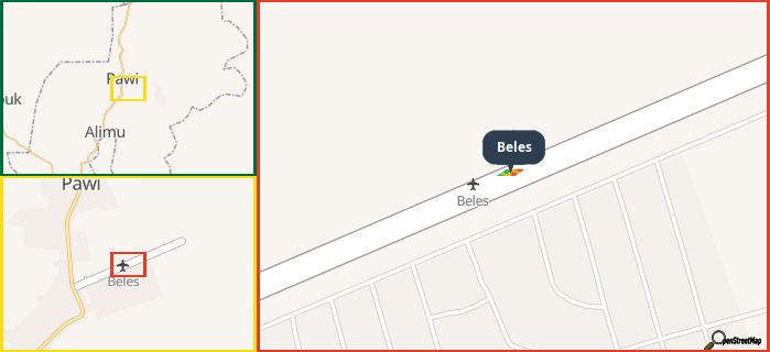 Map showing the address of Beles in three different zoom levels.