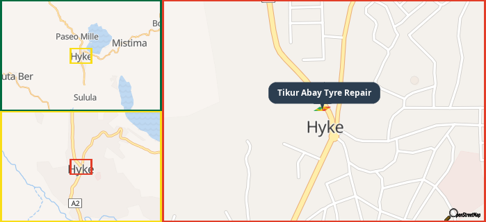 Map showing the address of Tikur Abay Tyre Repair in three different zoom levels.