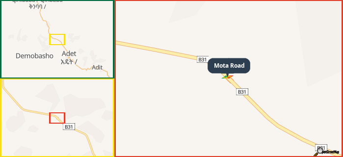Map showing the address of Mota Road in three different zoom levels.