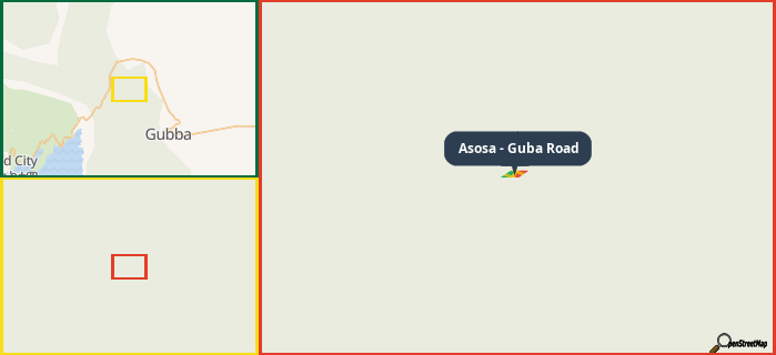 Map showing the address of Asosa - Guba Road in three different zoom levels.