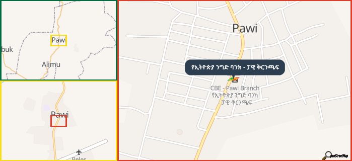 Map showing the address of የኢትዮጵያ ንግድ ባንክ - ፓዊ ቅርንጫፍ in three different zoom levels.