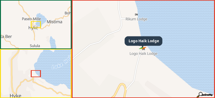 Map showing the address of Logo Haik Lodge in three different zoom levels.
