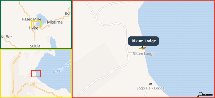 Map showing the address of Rikum Lodge in three different zoom levels.