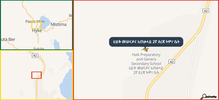 Map showing the address of ሀይቅ መሠናዶና አጠቃላይ 2ኛ ደረጃ ትም/ ቤት in three different zoom levels.