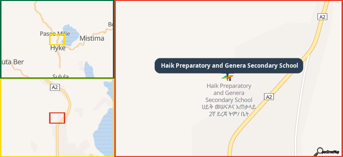 Map showing the address of Haik Preparatory and Genera Secondary School in three different zoom levels.