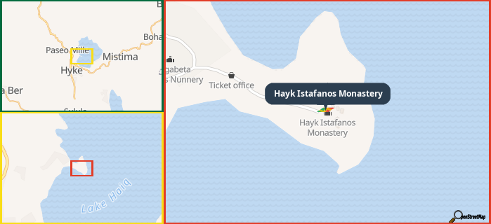 Map showing the address of Hayk Istafanos Monastery in three different zoom levels.