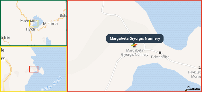 Map showing the address of Margabeta Giyorgis Nunnery in three different zoom levels.