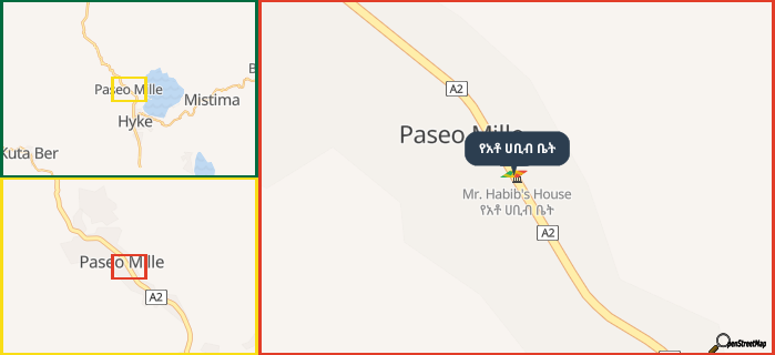 Map showing the address of የአቶ ሀቢብ ቤት in three different zoom levels.