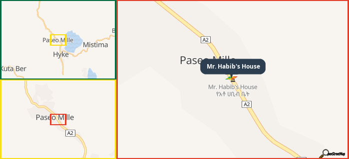 Map showing the address of Mr. Habib's House in three different zoom levels.