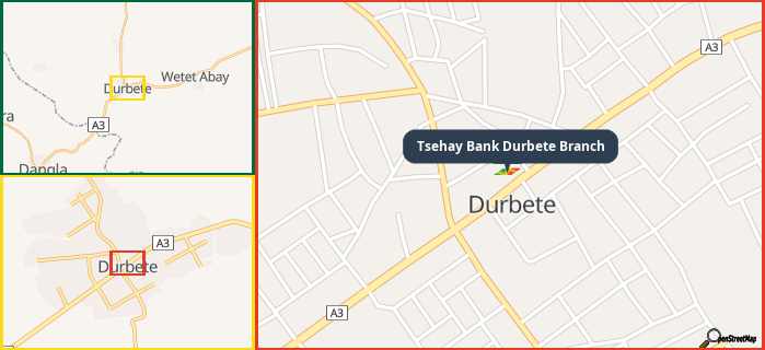 Map showing the address of Tsehay Bank Durbete Branch in three different zoom levels.