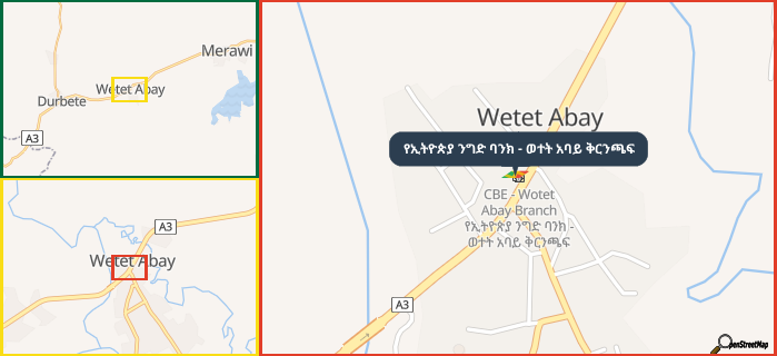 Map showing the address of የኢትዮጵያ ንግድ ባንክ - ወተት አባይ ቅርንጫፍ in three different zoom levels.