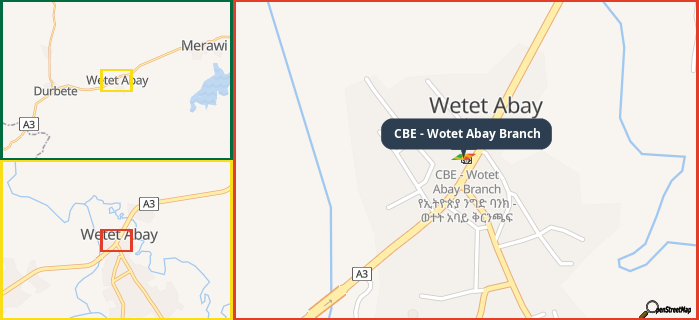 Map showing the address of CBE - Wotet Abay Branch in three different zoom levels.
