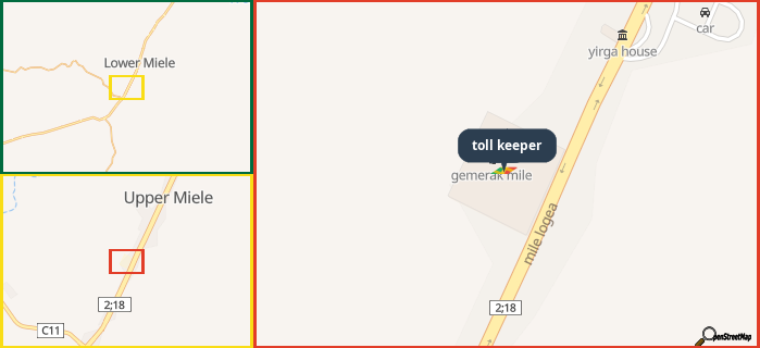 Map showing the address of toll keeper in three different zoom levels.