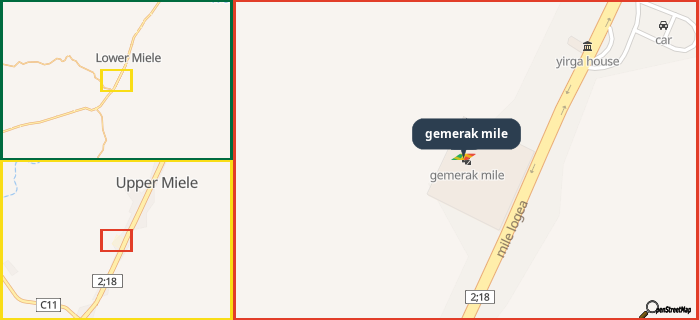 Map showing the address of gemerak mile in three different zoom levels.