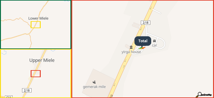 Map showing the address of Total in three different zoom levels.