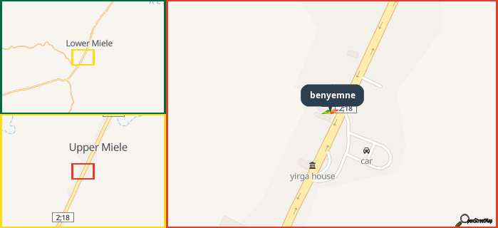 Map showing the address of benyemne in three different zoom levels.