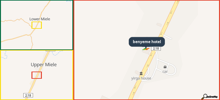 Map showing the address of benyeme hotel in three different zoom levels.