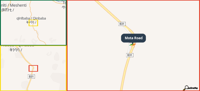 Map showing the address of Mota Road in three different zoom levels.