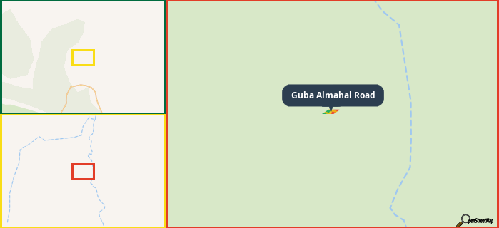 Map showing the address of Guba Almahal Road in three different zoom levels.