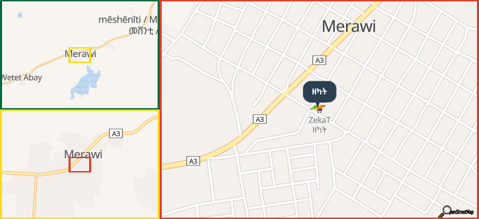 Map showing the address of ዘካት in three different zoom levels.