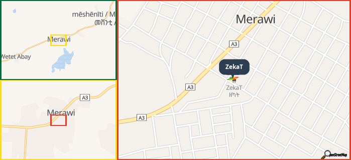Map showing the address of ZekaT in three different zoom levels.