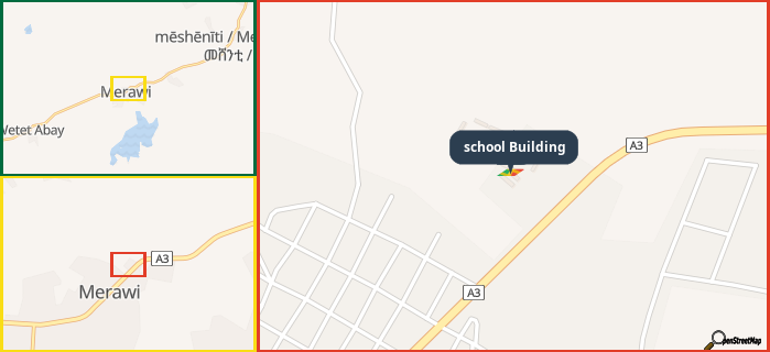 Map showing the address of school Building in three different zoom levels.