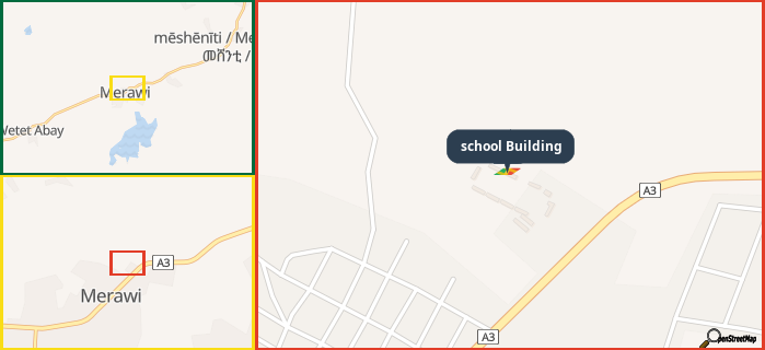 Map showing the address of school Building in three different zoom levels.