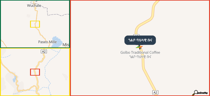 Map showing the address of ጎልቦ ባህላዊ ቡና in three different zoom levels.