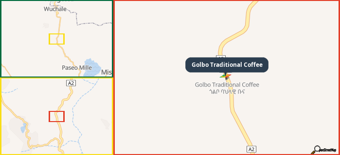 Map showing the address of Golbo Traditional Coffee in three different zoom levels.