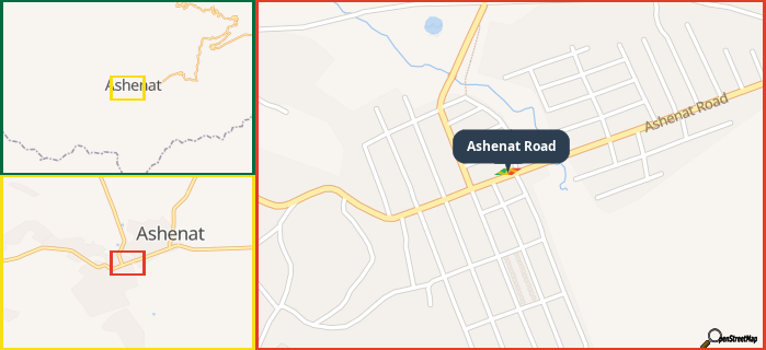 Map showing the address of Ashenat Road in three different zoom levels.