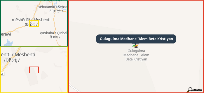Map showing the address of Gulagulma Medhane `Alem Bete Kristiyan in three different zoom levels.