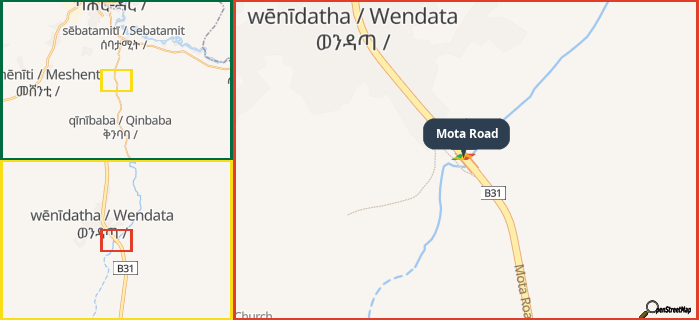 Map showing the address of Mota Road in three different zoom levels.