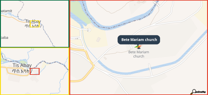 Map showing the address of Bete Mariam church in three different zoom levels.