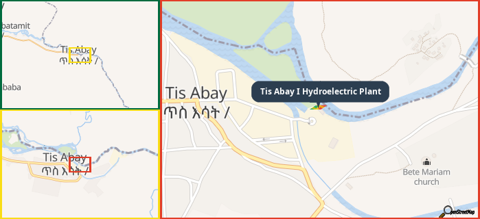 Map showing the address of Tis Abay I Hydroelectric Plant in three different zoom levels.