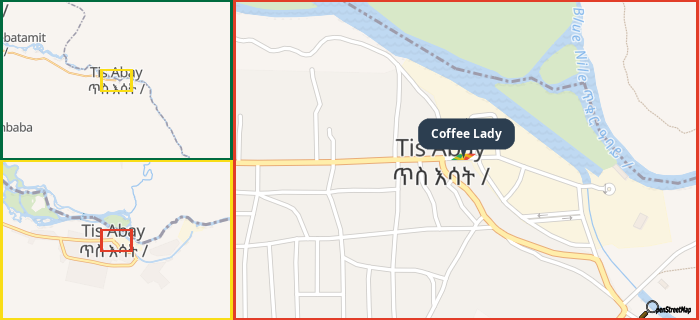 Map showing the address of Coffee Lady in three different zoom levels.