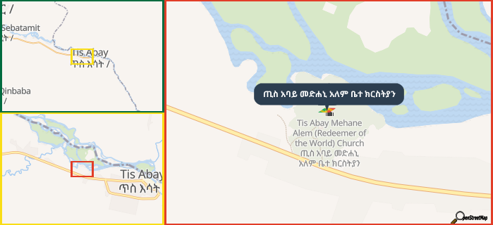 Map showing the address of ጢስ አባይ መድሐኒ አለም ቤተ ክርስትያን in three different zoom levels.