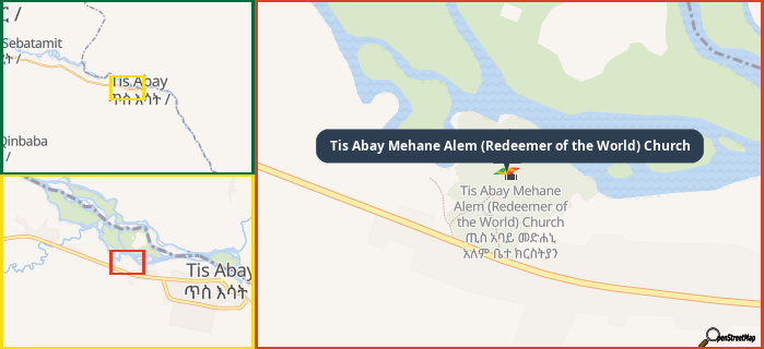 Map showing the address of Tis Abay Mehane Alem (Redeemer of the World) Church in three different zoom levels.