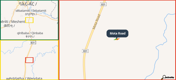 Map showing the address of Mota Road in three different zoom levels.