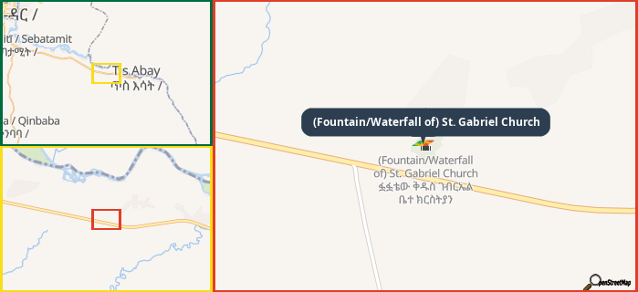 Map showing the address of (Fountain/Waterfall of) St. Gabriel Church in three different zoom levels.