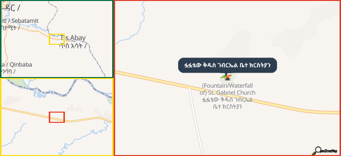 Map showing the address of ፏፏቴው ቅዱስ ገብርኤል ቤተ ክርስትያን in three different zoom levels.