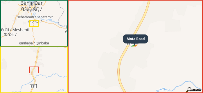 Map showing the address of Mota Road in three different zoom levels.