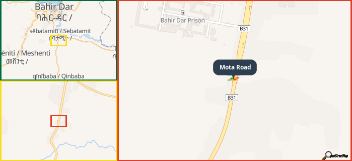 Map showing the address of Mota Road in three different zoom levels.