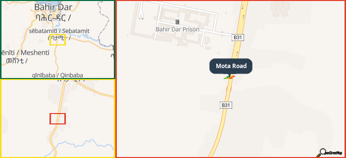 Map showing the address of Mota Road in three different zoom levels.