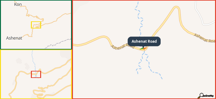 Map showing the address of Ashenat Road in three different zoom levels.