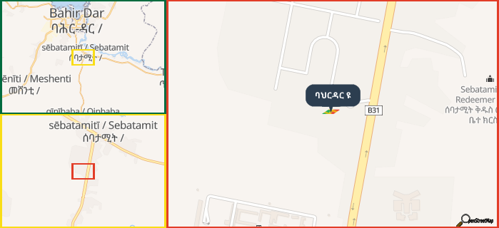Map showing the address of ባህርዳር ዩ in three different zoom levels.