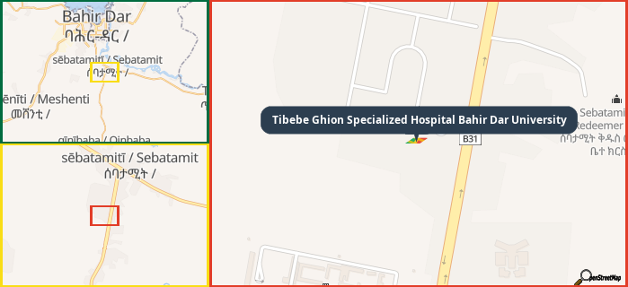 Map showing the address of Tibebe Ghion Specialized Hospital Bahir Dar University in three different zoom levels.