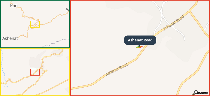 Map showing the address of Ashenat Road in three different zoom levels.