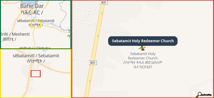 Map showing the address of Sebatamit Holy Redeemer Church in three different zoom levels.