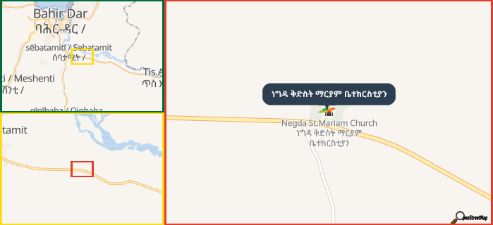 Map showing the address of ነግዳ ቅድስት ማርያም ቤተክርስቲያን in three different zoom levels.