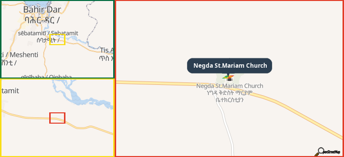 Map showing the address of Negda St.Mariam Church in three different zoom levels.